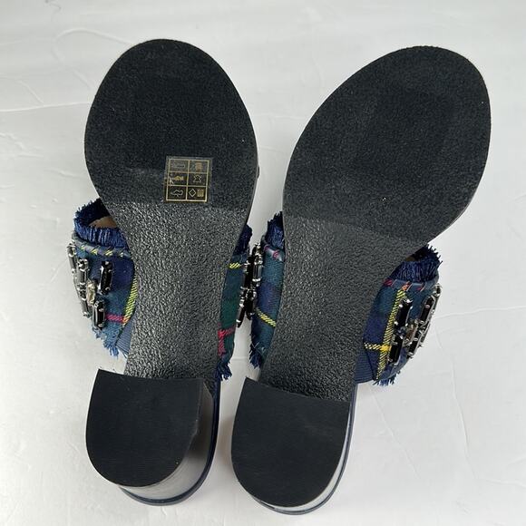 Jack Rogers Beatrix Bejeweled Plaid Block Heel Sandal Navy Green Size 9 New - Picture 10 of 14